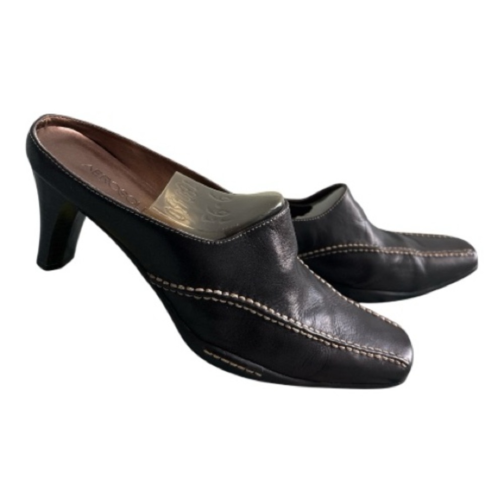 Aerosoles Black Leather Square Toe Slip On Mules Contrast Stitch Heels Sz 8.5
